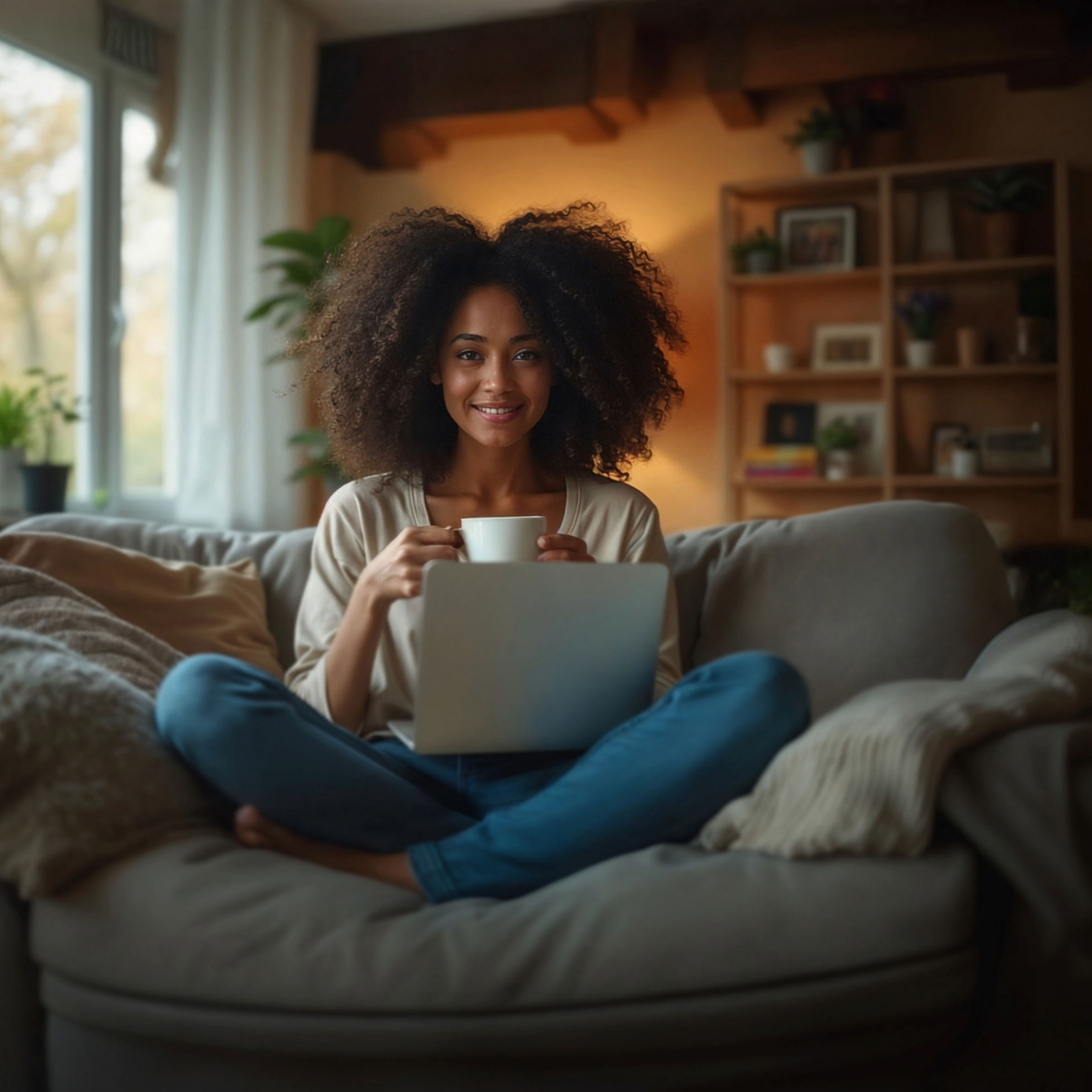 Imagen de una chica sentada en un sofá con un portátil mientras toma un café 