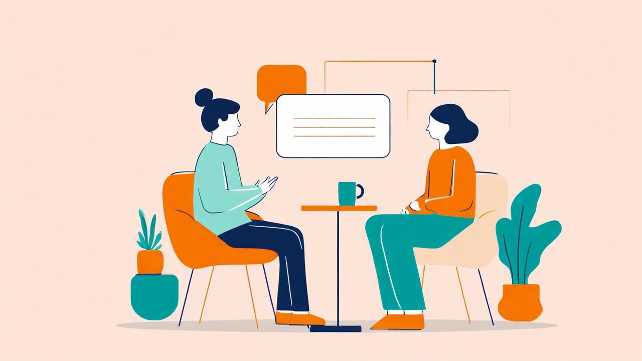 Dibujo de dos mujeres conversando sentadas al rededor de una mesa