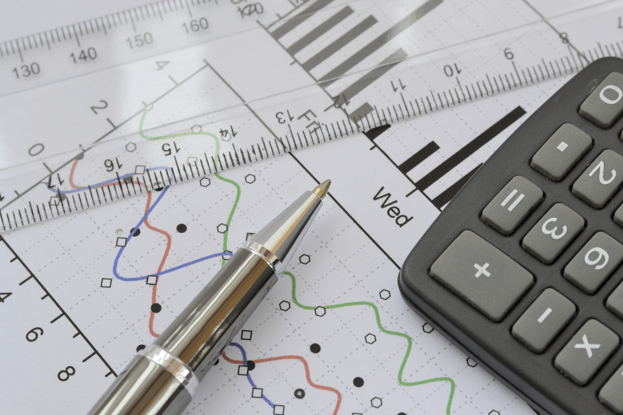Business background with graph, ruler, pen and calculator.