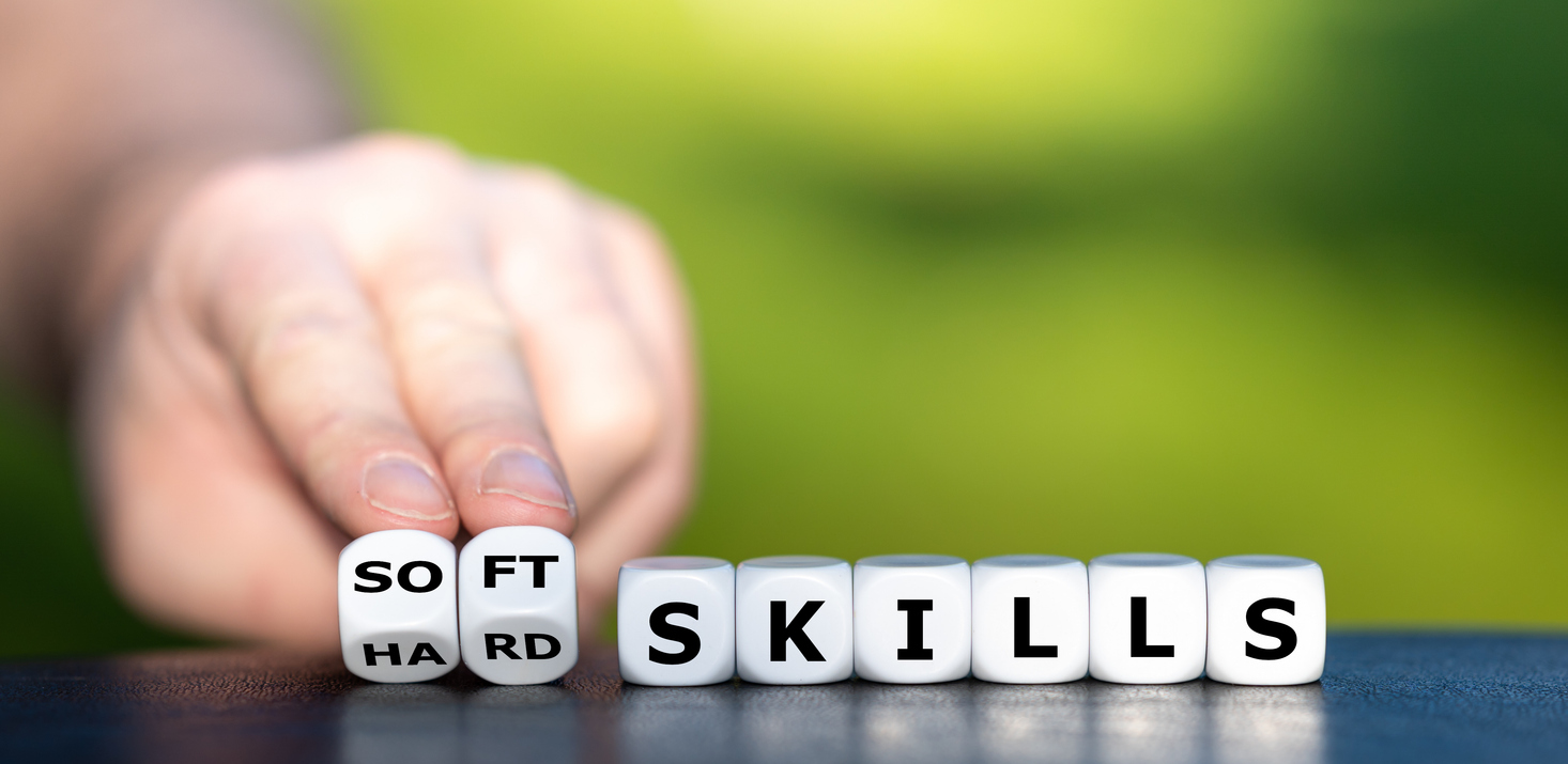 Hard skills versus soft skills. Dice form the expressions "hard skills" and "soft skills".