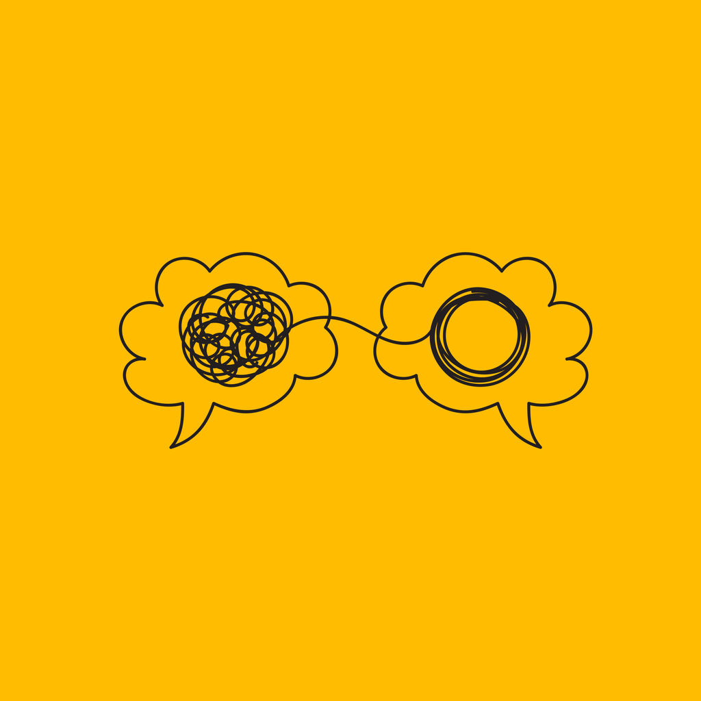 Two brains with tangled and unraveled tangles, mentor, brainstorm, problem solving. Vector doodle illustration