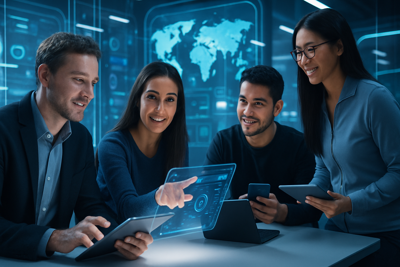 Grupo diverso de empleados en un entorno tecnológico colaborativo