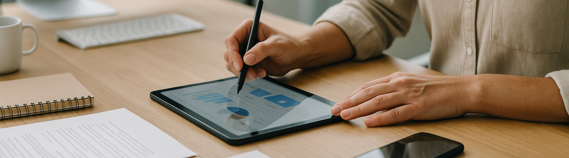 Profesional utilizando una tablet con gráficos y datos en una oficina moderna, representando el uso de tecnología en el entorno laboral del futuro.