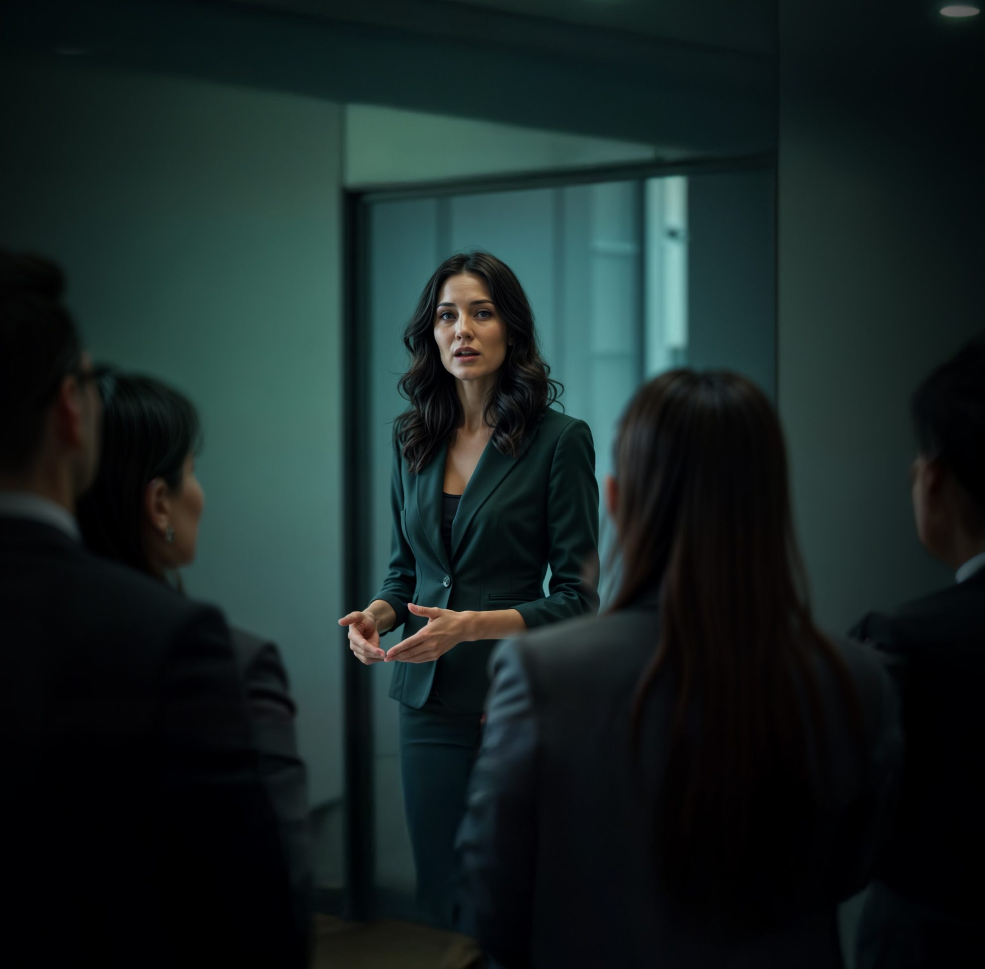 Profesora dando una charla a un grupo de oyentes